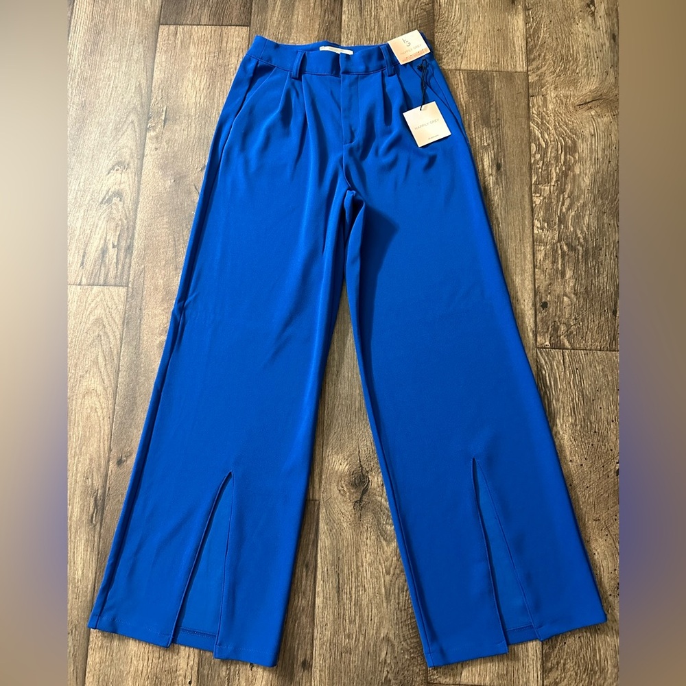 Happily Grey Women’s Blue Wide Leg Trouser Pants Pleated Front Slit